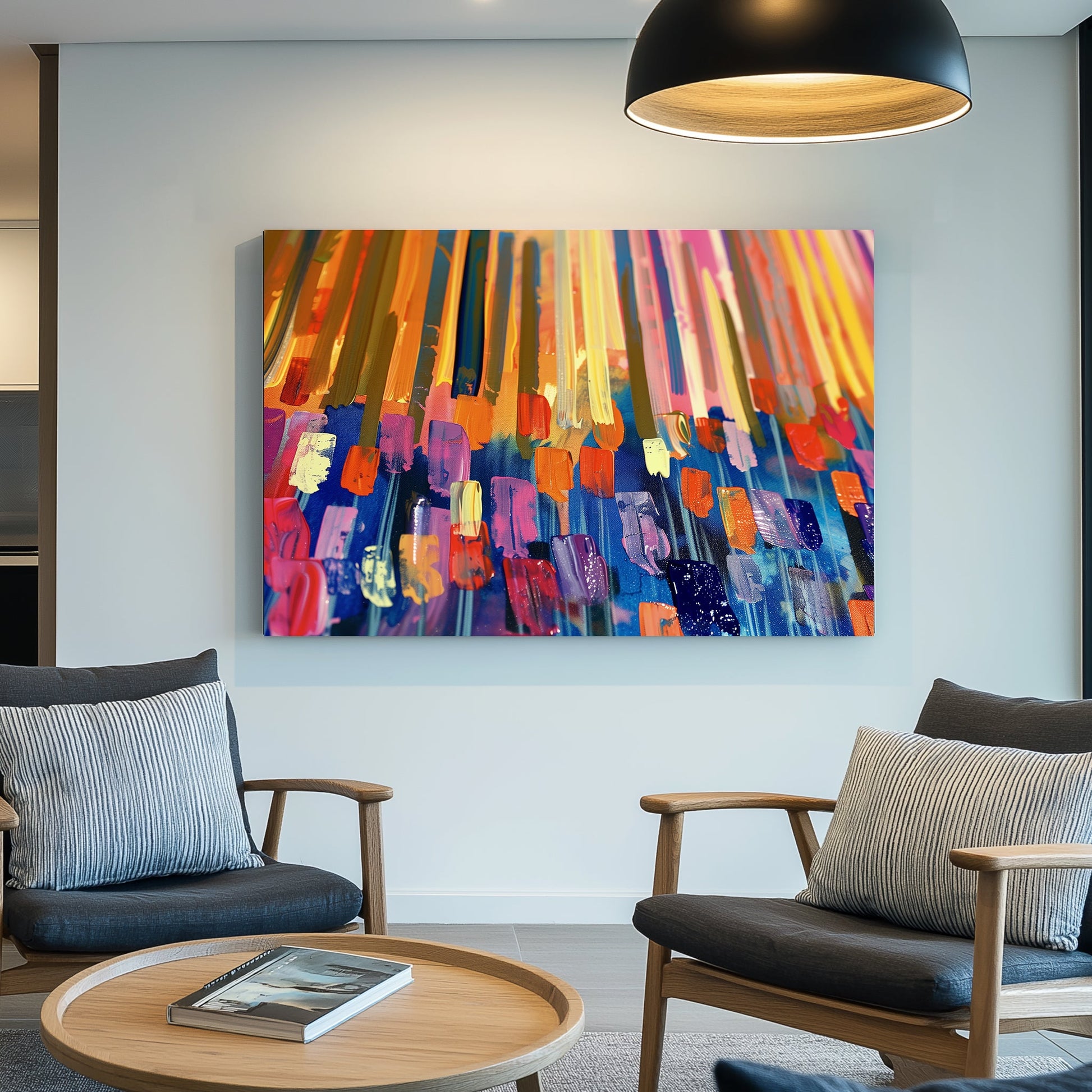 A vibrant abstract wall art painting with bold streaks of orange, yellow, blue, and pink, layered with dynamic textures.