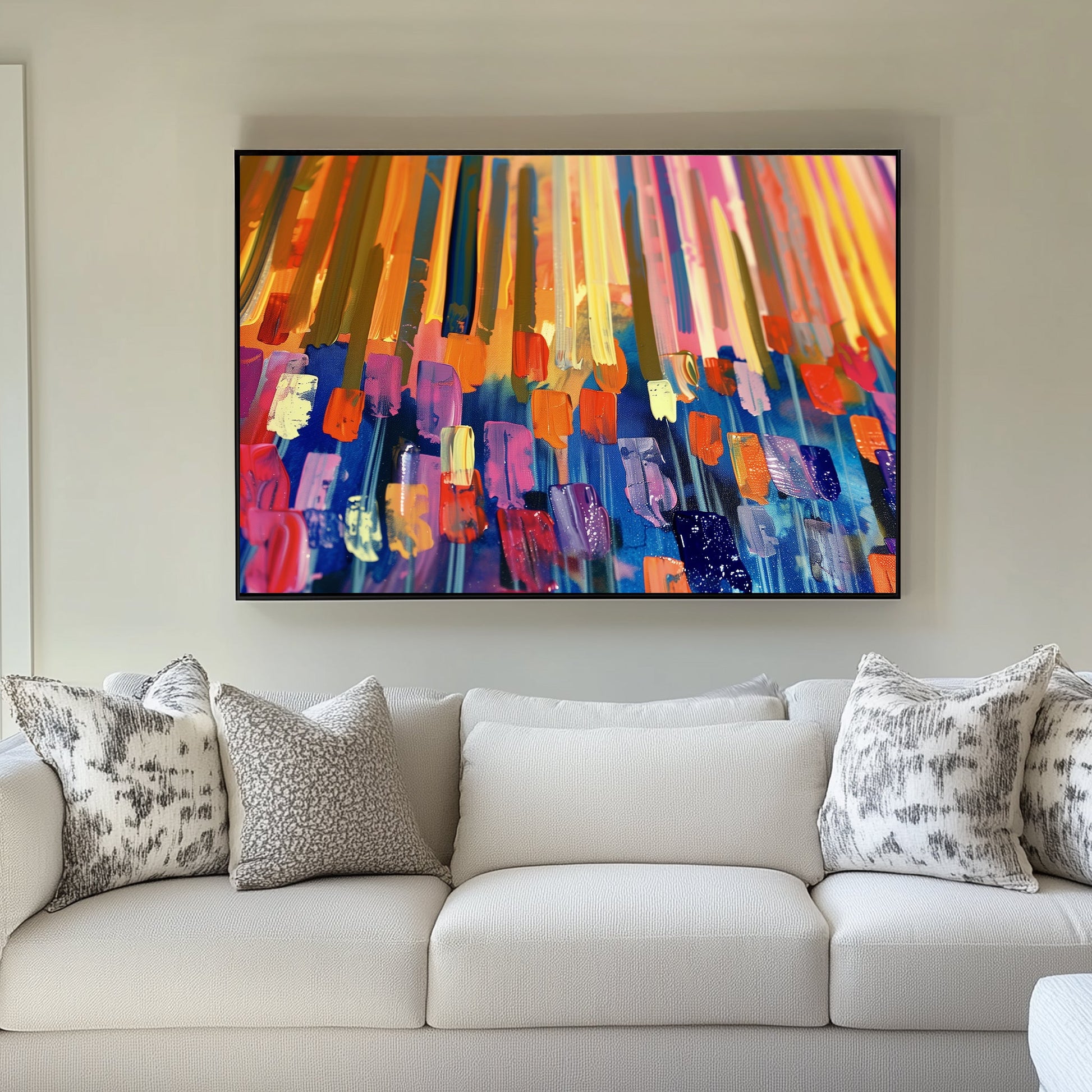 A vibrant abstract wall art painting with bold streaks of orange, yellow, blue, and pink, layered with dynamic textures.