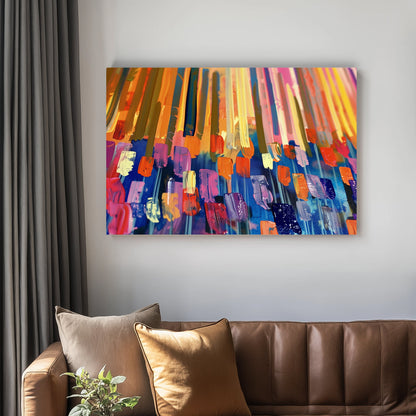 A vibrant abstract wall art painting with bold streaks of orange, yellow, blue, and pink, layered with dynamic textures.