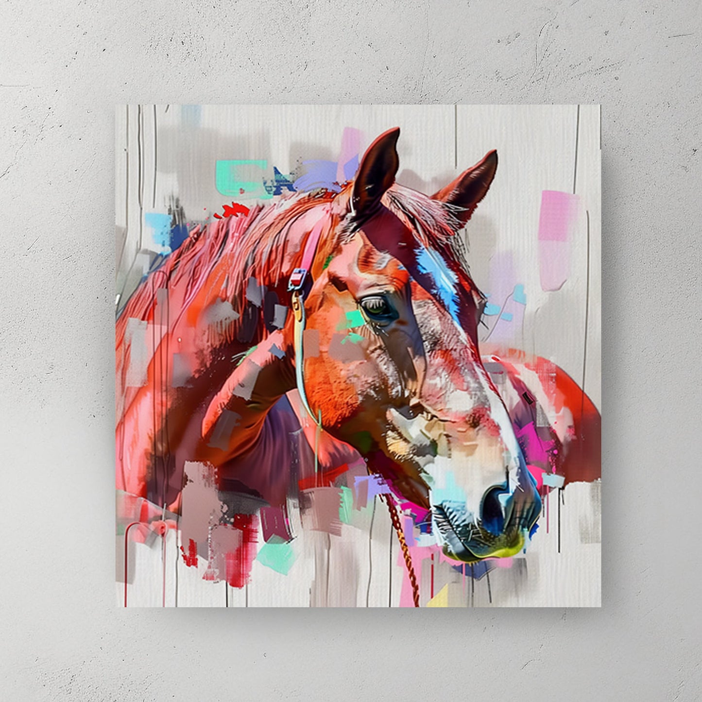 A colourful abstract wall art painting of a horse’s head with vibrant brushstrokes and artistic textures.