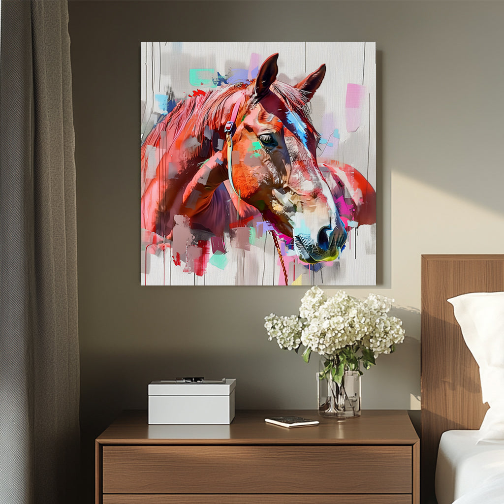 A colourful abstract wall art painting of a horse’s head with vibrant brushstrokes and artistic textures.