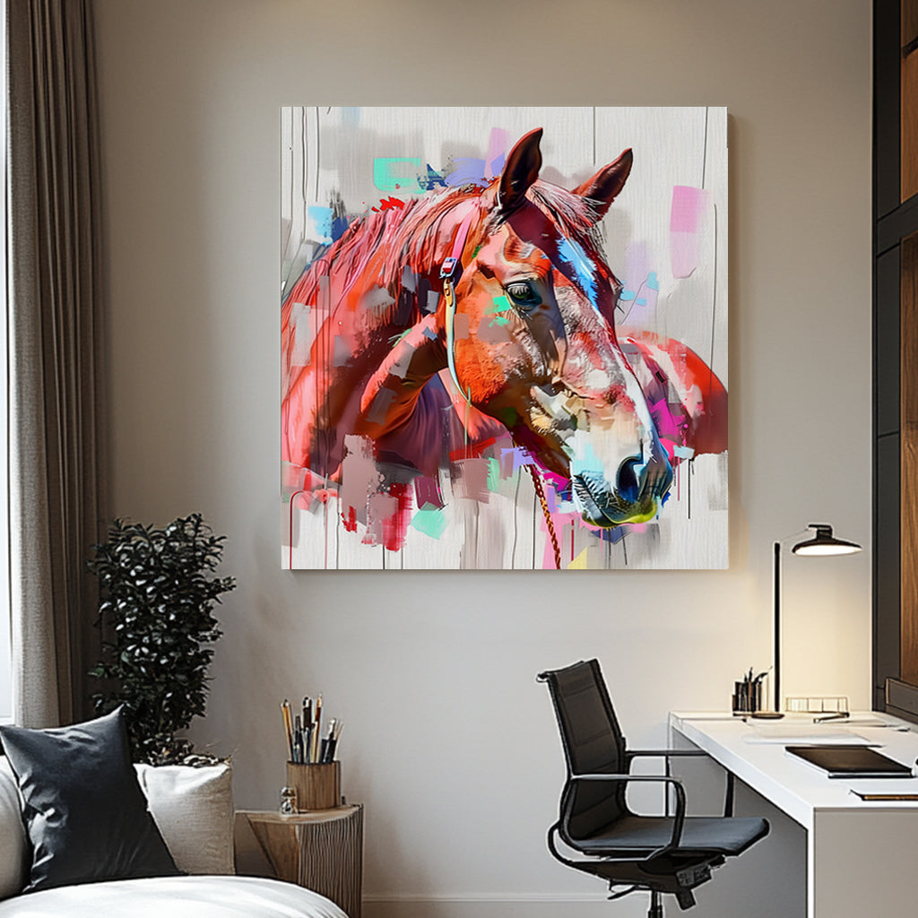 A colourful abstract wall art painting of a horse’s head with vibrant brushstrokes and artistic textures.