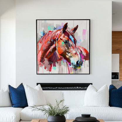 A colourful abstract wall art painting of a horse’s head with vibrant brushstrokes and artistic textures.