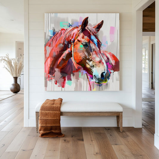 A colourful abstract wall art painting of a horse’s head with vibrant brushstrokes and artistic textures.