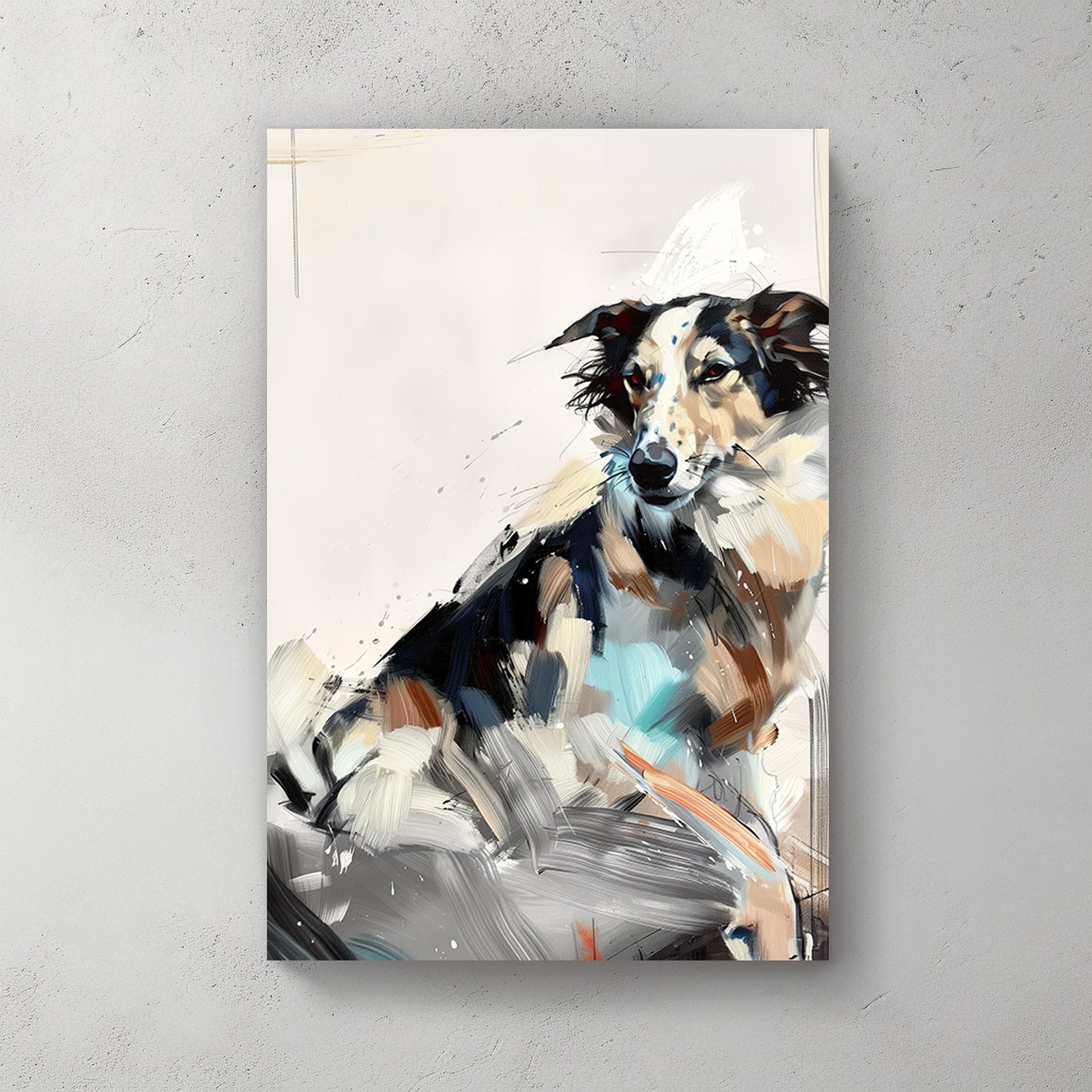 Abstract wall art print of a collie-like dog in earthy tones with bold, expressive brushstrokes.