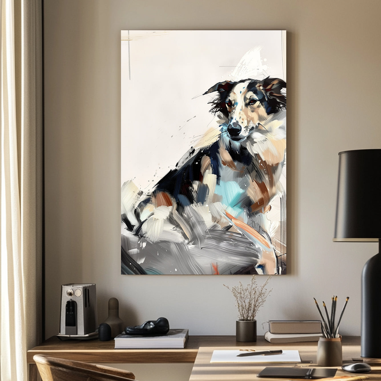 Abstract wall art print of a collie-like dog in earthy tones with bold, expressive brushstrokes.