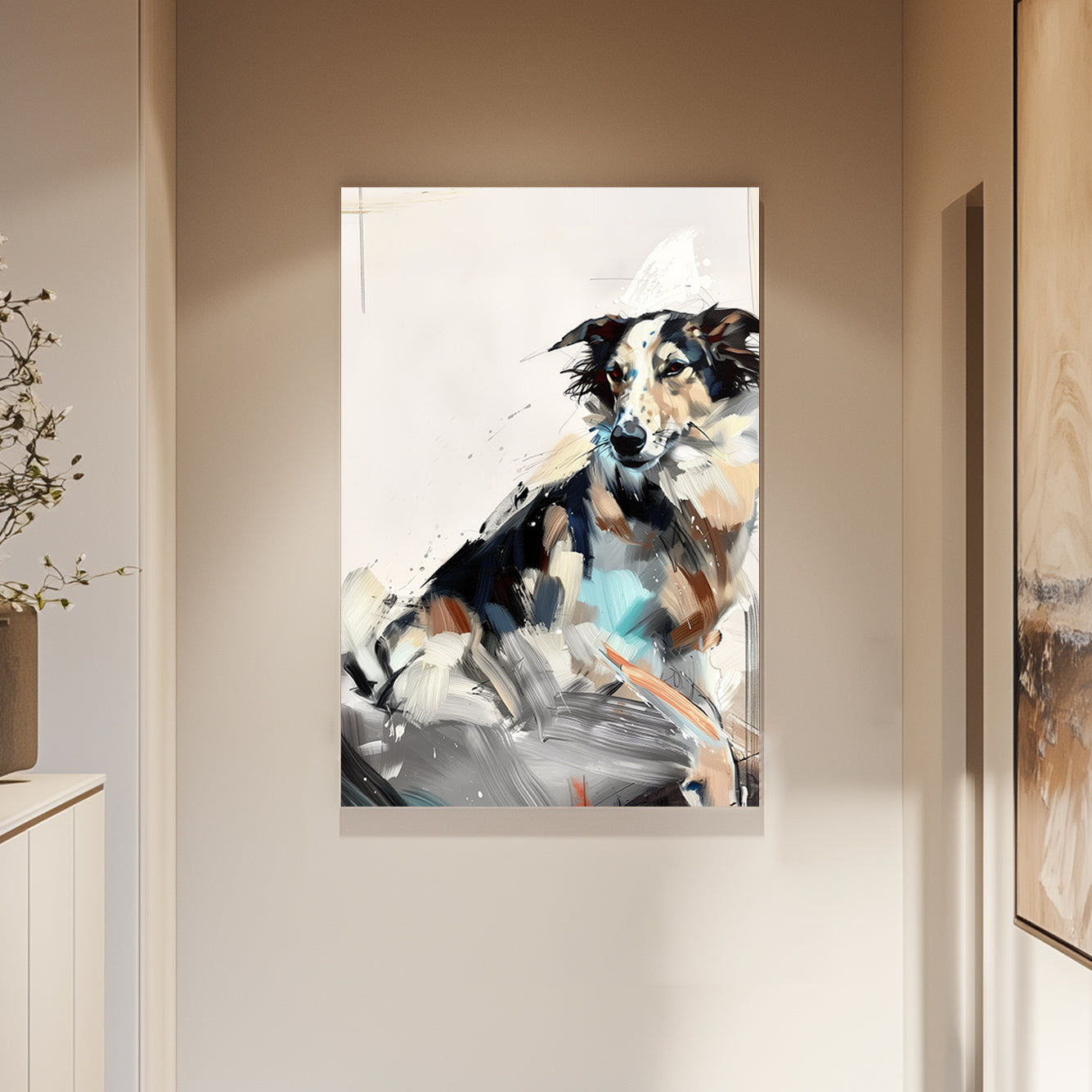 Abstract wall art print of a collie-like dog in earthy tones with bold, expressive brushstrokes.