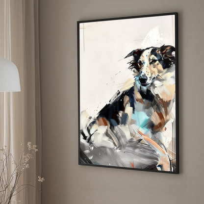 Abstract wall art print of a collie-like dog in earthy tones with bold, expressive brushstrokes.