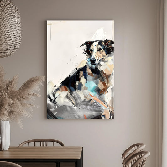 Abstract wall art print of a collie-like dog in earthy tones with bold, expressive brushstrokes.