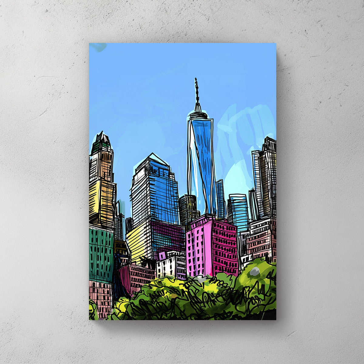A colourful wall art sketch of a city skyline with tall buildings and a bright blue sky, featuring bold, vibrant lines.