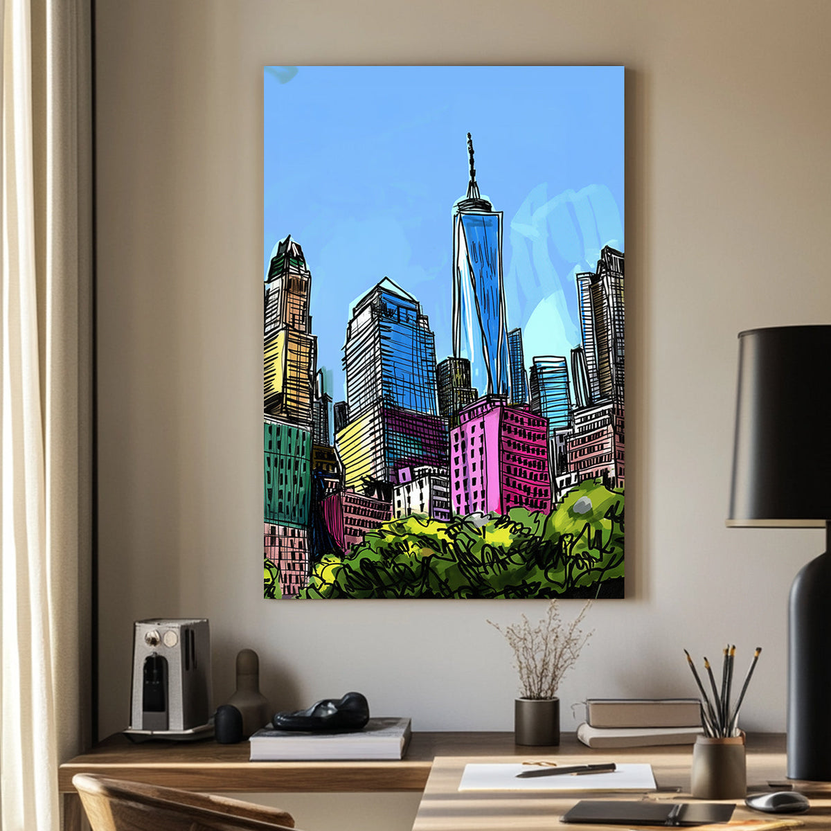 A colourful wall art sketch of a city skyline with tall buildings and a bright blue sky, featuring bold, vibrant lines.