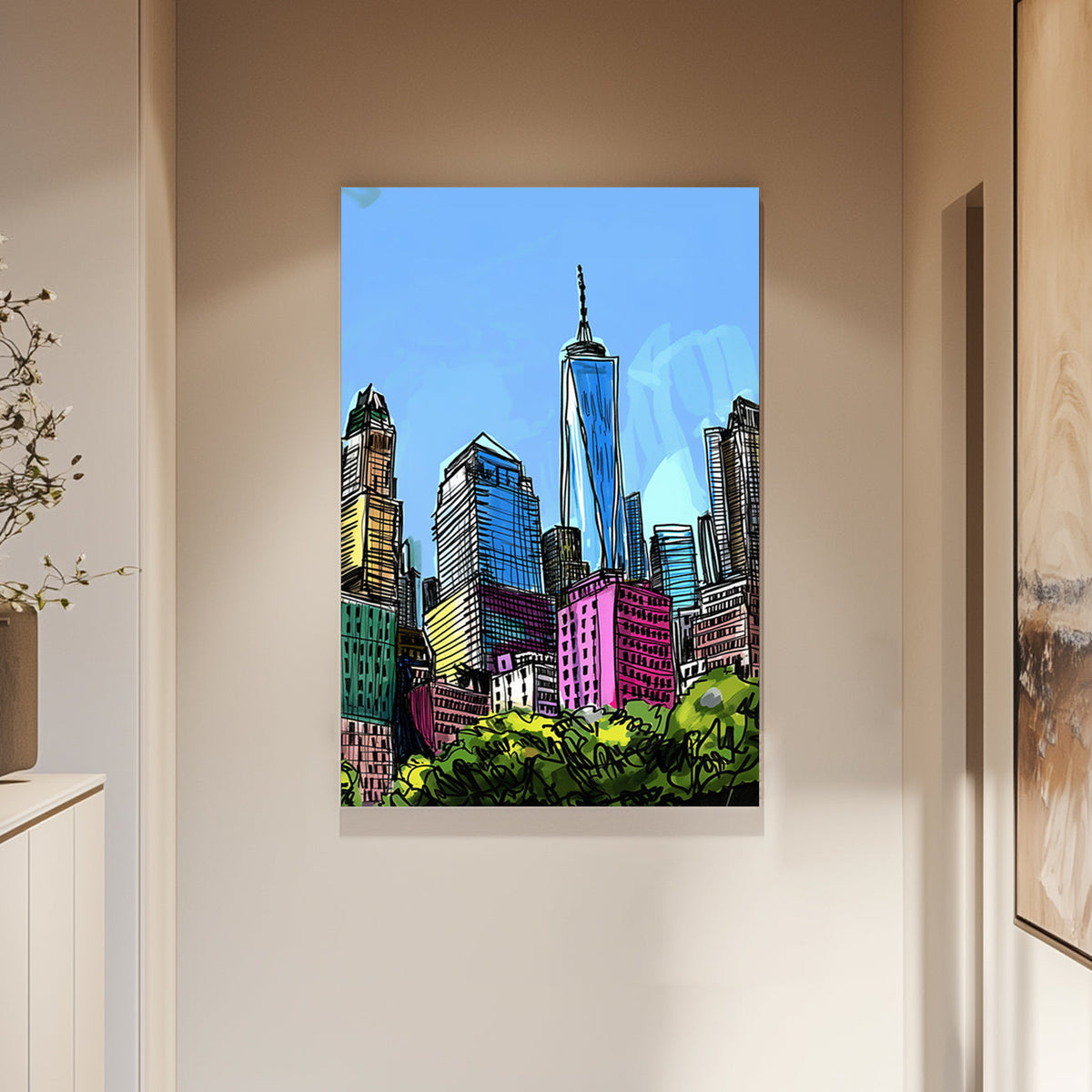 A colourful wall art sketch of a city skyline with tall buildings and a bright blue sky, featuring bold, vibrant lines.