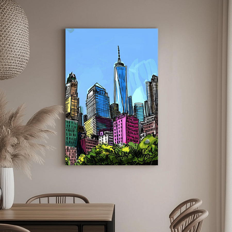 A colourful wall art sketch of a city skyline with tall buildings and a bright blue sky, featuring bold, vibrant lines.