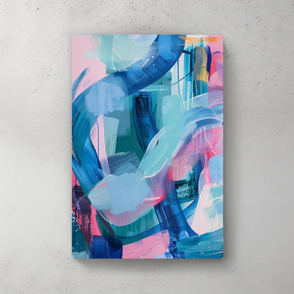 A vibrant abstract wall art print with bold swirls of aqua, pink, and cobalt blue brushstrokes on a light backdrop.