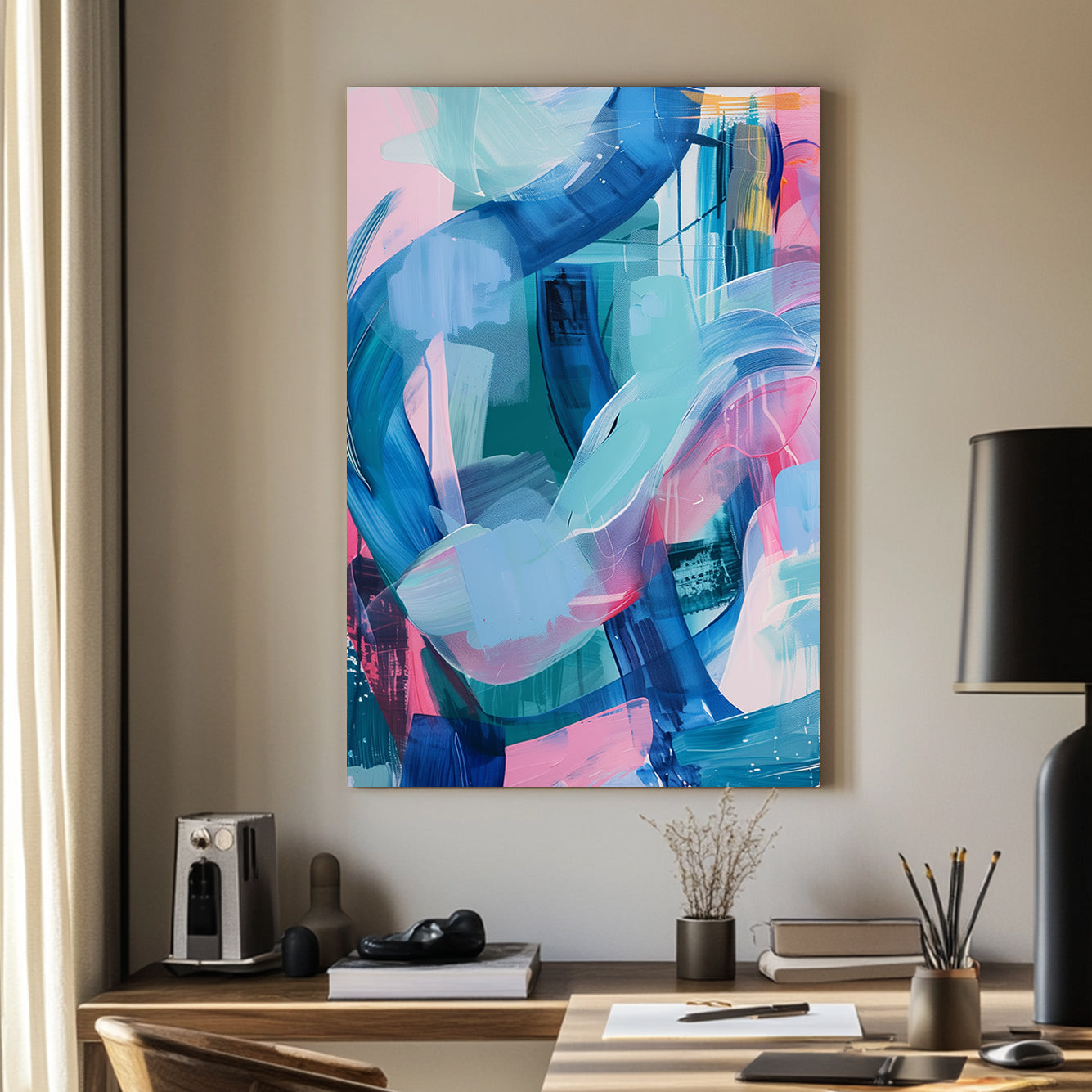 A vibrant abstract wall art print with bold swirls of aqua, pink, and cobalt blue brushstrokes on a light backdrop.