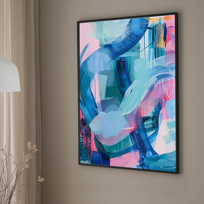 A vibrant abstract wall art print with bold swirls of aqua, pink, and cobalt blue brushstrokes on a light backdrop.