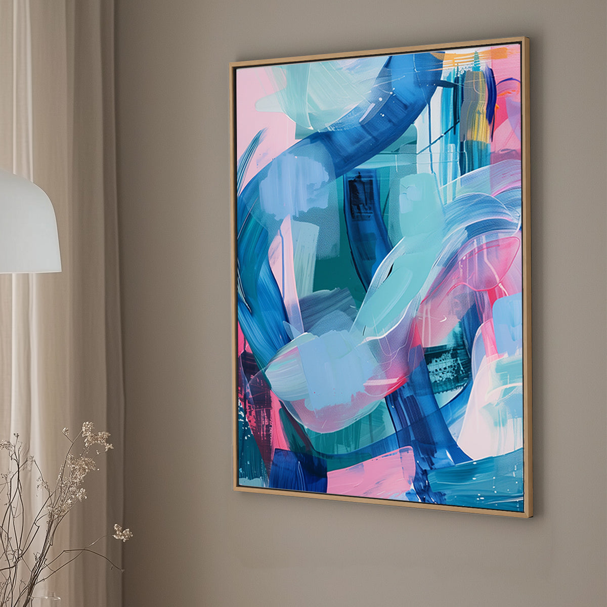 A vibrant abstract wall art print with bold swirls of aqua, pink, and cobalt blue brushstrokes on a light backdrop.
