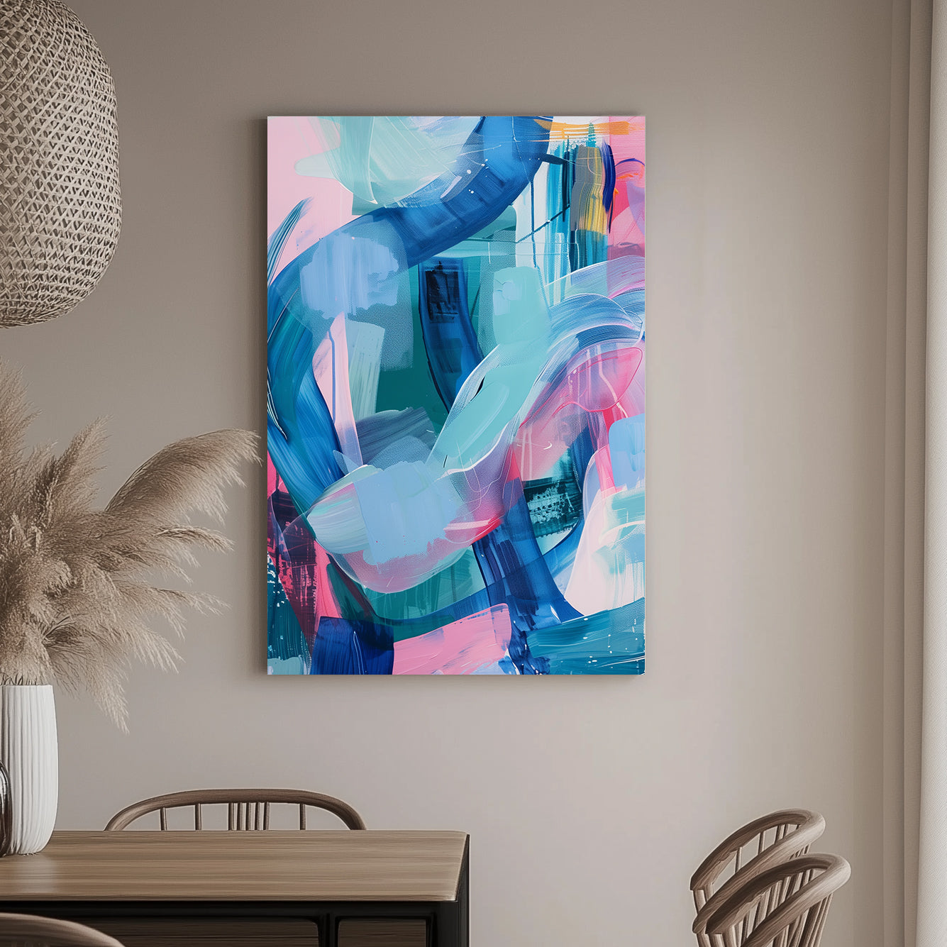 A vibrant abstract wall art print with bold swirls of aqua, pink, and cobalt blue brushstrokes on a light backdrop.