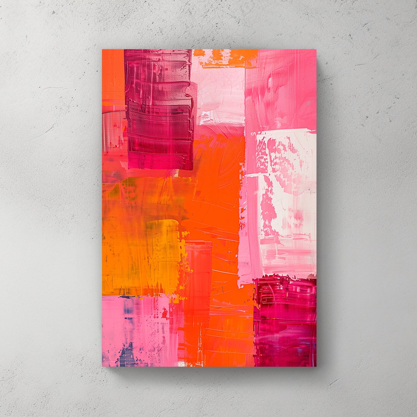 Unique abstract wall art print with bold strokes of magenta, orange, and pink in a grid-like composition, creating a dynamic and vibrant appearance.