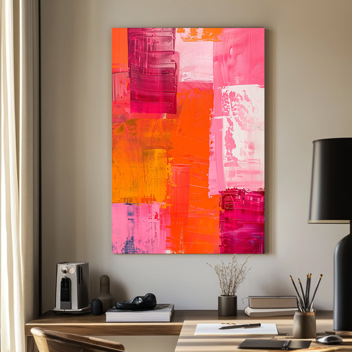 Unique abstract wall art print with bold strokes of magenta, orange, and pink in a grid-like composition, creating a dynamic and vibrant appearance.