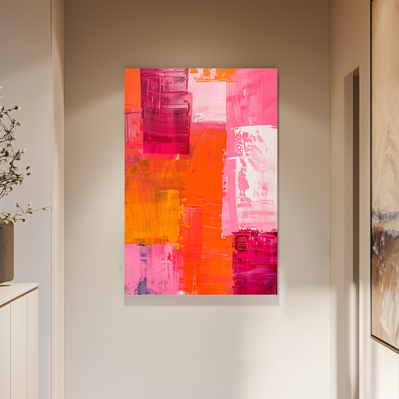 Unique abstract wall art print with bold strokes of magenta, orange, and pink in a grid-like composition, creating a dynamic and vibrant appearance.