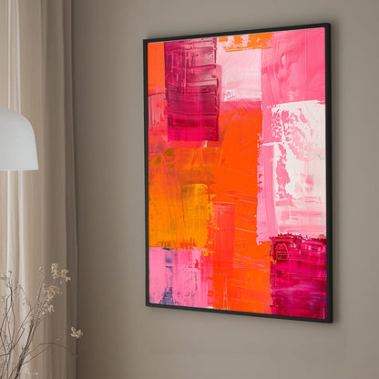 Unique abstract wall art print with bold strokes of magenta, orange, and pink in a grid-like composition, creating a dynamic and vibrant appearance.