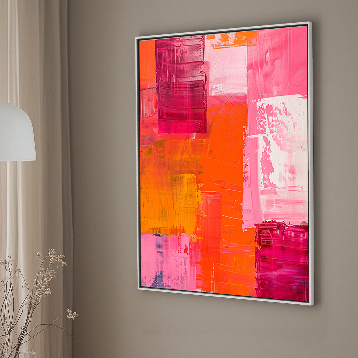 Unique abstract wall art print with bold strokes of magenta, orange, and pink in a grid-like composition, creating a dynamic and vibrant appearance.