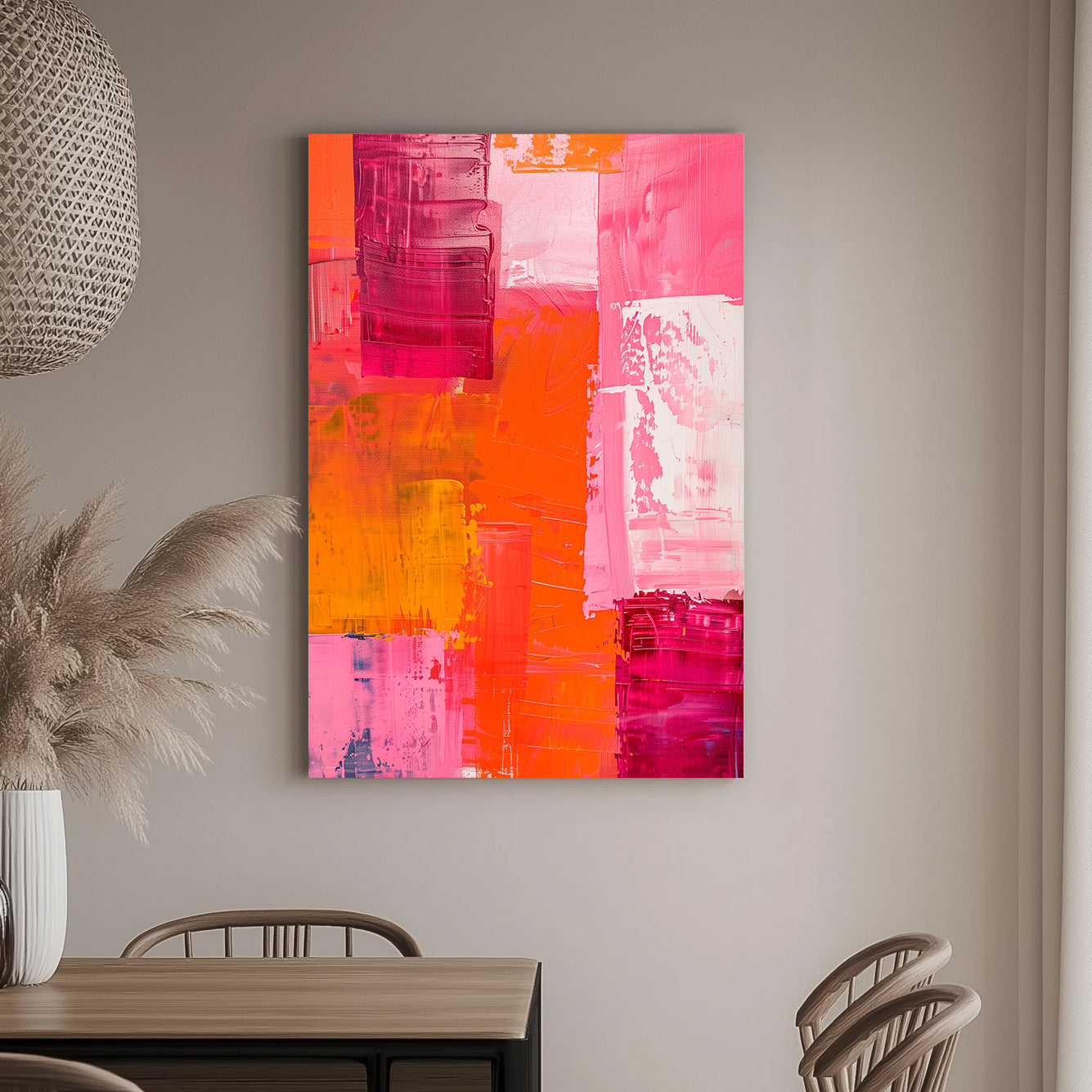 Unique abstract wall art print with bold strokes of magenta, orange, and pink in a grid-like composition, creating a dynamic and vibrant appearance.