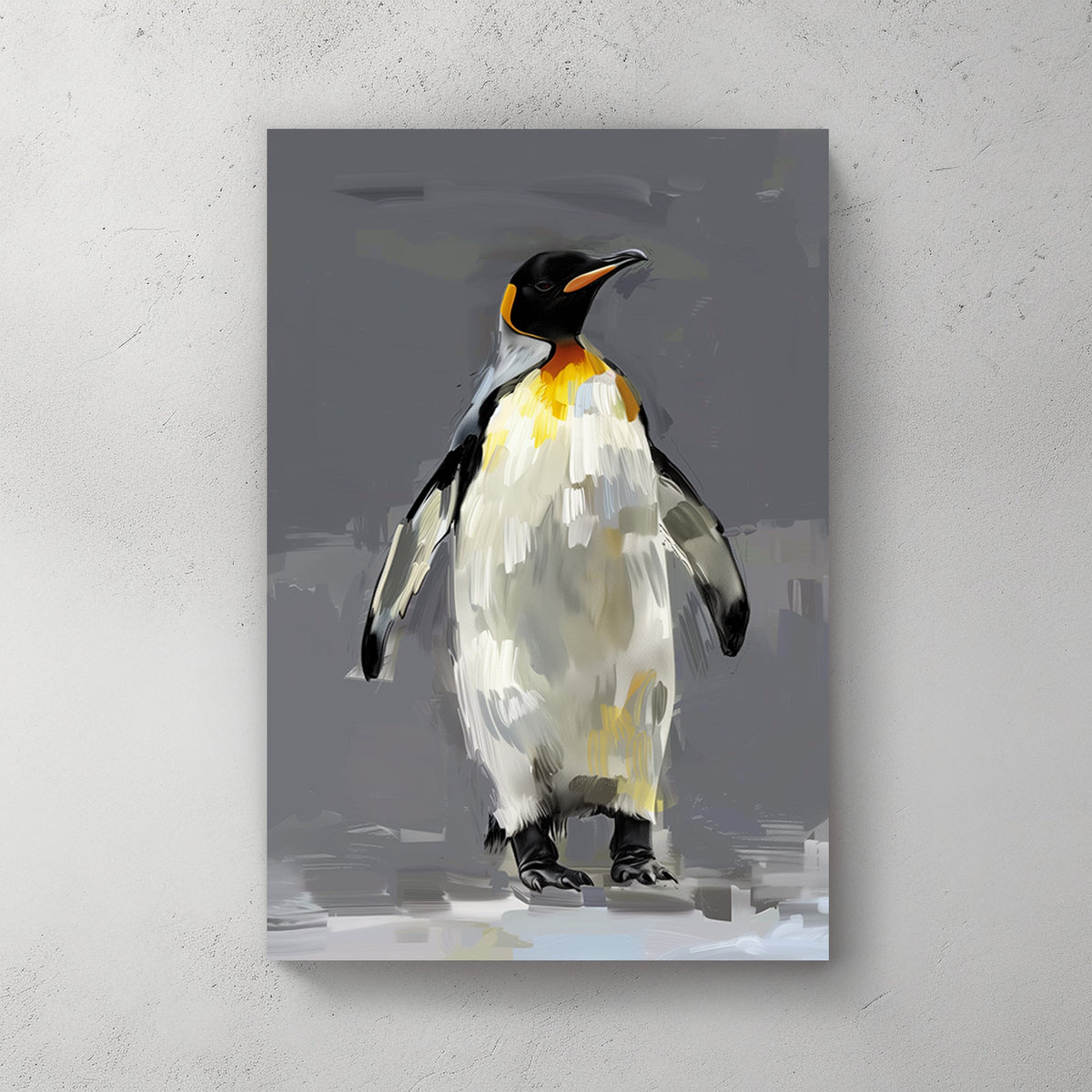 Artistic painting of a king penguin with textured brushstrokes, featuring black, white, and yellow tones on a neutral grey background.