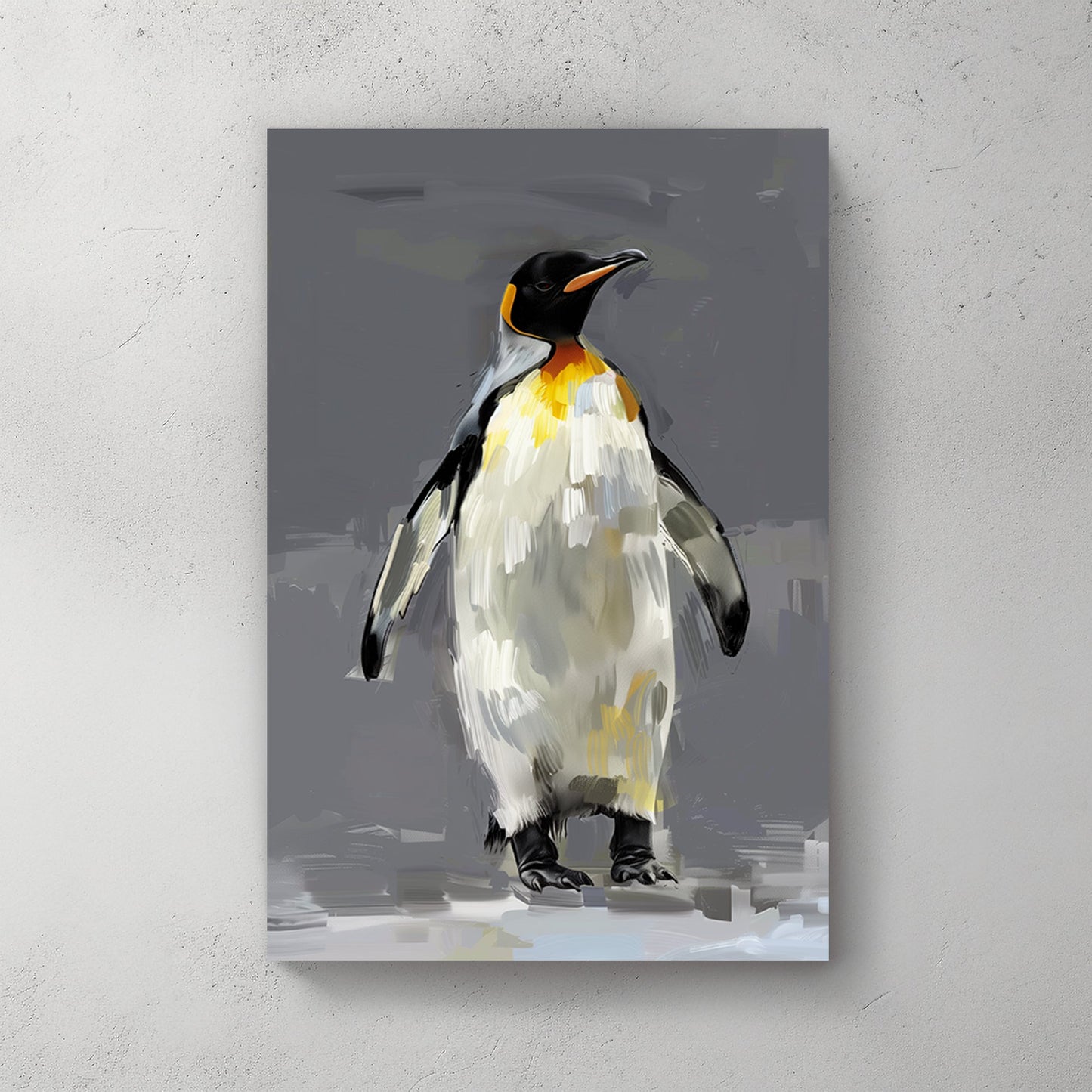 Artistic painting of a king penguin with textured brushstrokes, featuring black, white, and yellow tones on a neutral grey background.