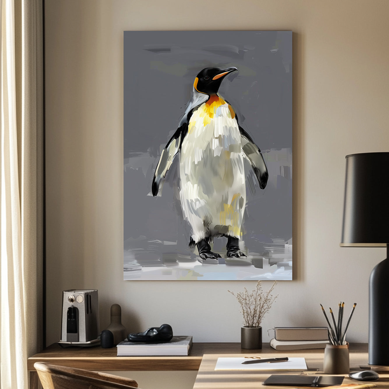 Artistic painting of a king penguin with textured brushstrokes, featuring black, white, and yellow tones on a neutral grey background.