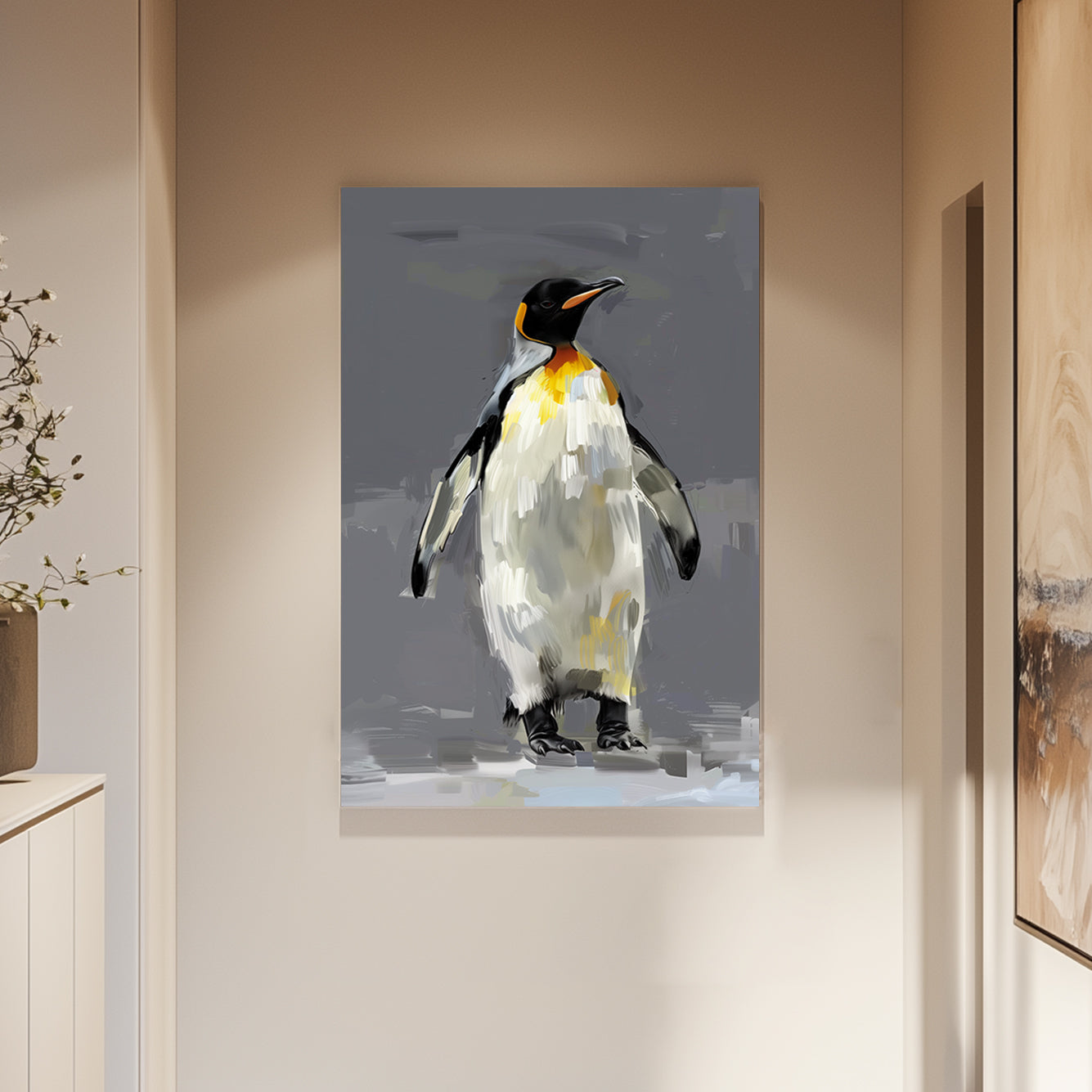 Artistic painting of a king penguin with textured brushstrokes, featuring black, white, and yellow tones on a neutral grey background.