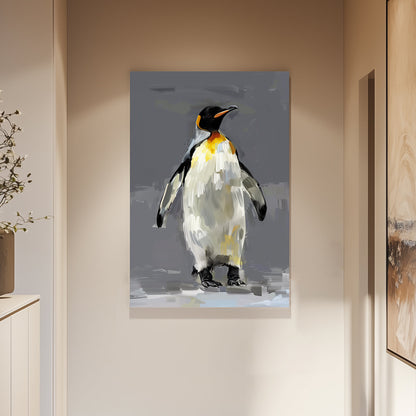 Artistic painting of a king penguin with textured brushstrokes, featuring black, white, and yellow tones on a neutral grey background.