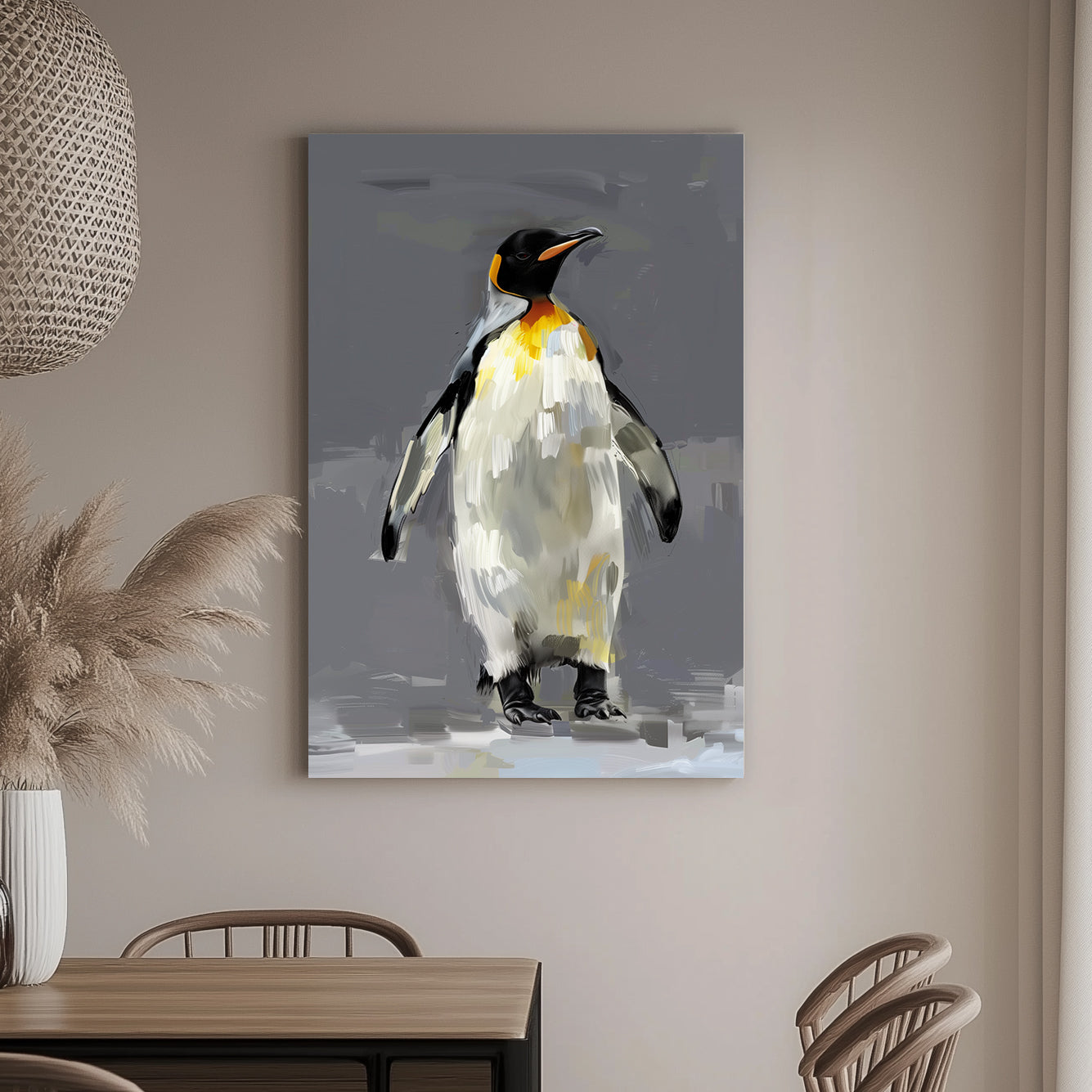 Artistic painting of a king penguin with textured brushstrokes, featuring black, white, and yellow tones on a neutral grey background.