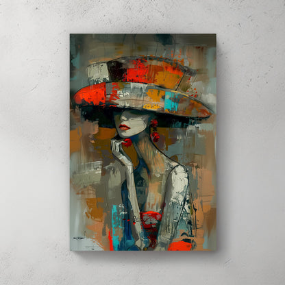 Unique abstract print of a mysterious woman wearing a vibrant wide-brimmed hat, featuring bold brushstrokes in orange, teal, and red.