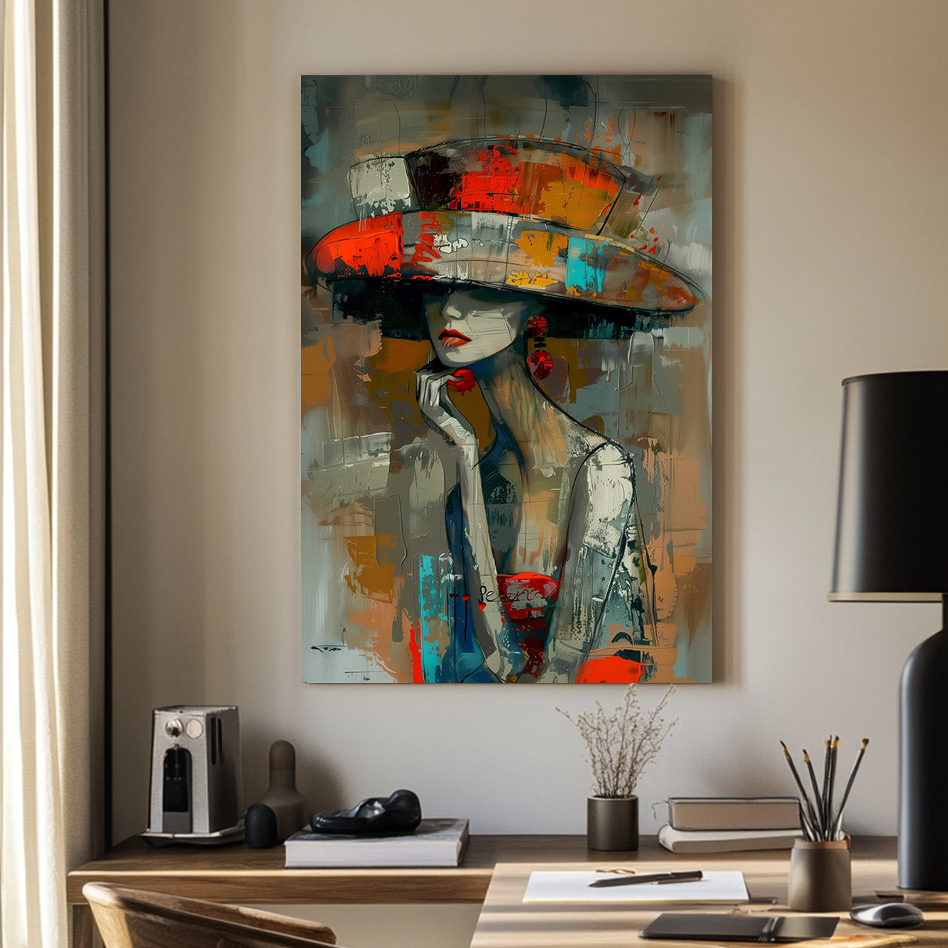 Unique abstract print of a mysterious woman wearing a vibrant wide-brimmed hat, featuring bold brushstrokes in orange, teal, and red.