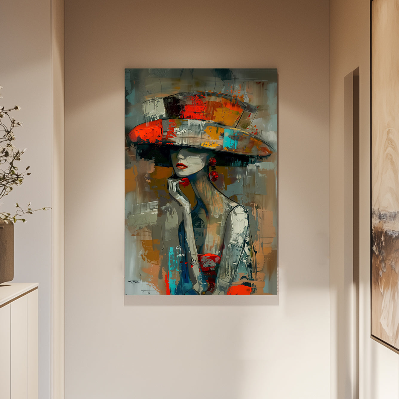 Unique abstract print of a mysterious woman wearing a vibrant wide-brimmed hat, featuring bold brushstrokes in orange, teal, and red.