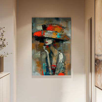 Unique abstract print of a mysterious woman wearing a vibrant wide-brimmed hat, featuring bold brushstrokes in orange, teal, and red.