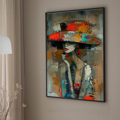 Unique abstract print of a mysterious woman wearing a vibrant wide-brimmed hat, featuring bold brushstrokes in orange, teal, and red.