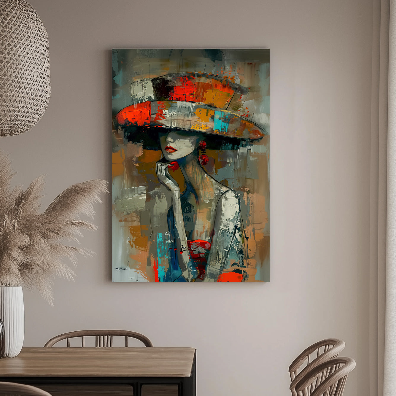 Unique abstract print of a mysterious woman wearing a vibrant wide-brimmed hat, featuring bold brushstrokes in orange, teal, and red.