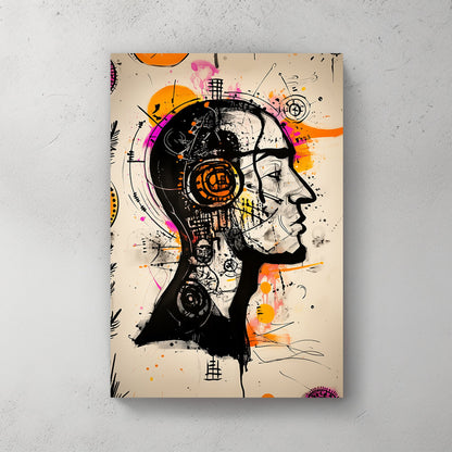 An abstract wall art print of a human face with vibrant orange and magenta accents, black line details, and a mix of geometric patterns.