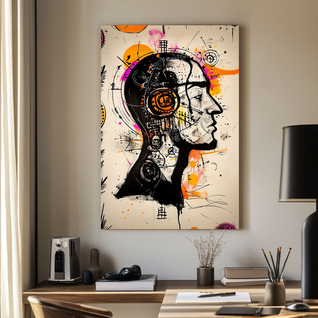 An abstract wall art print of a human face with vibrant orange and magenta accents, black line details, and a mix of geometric patterns.