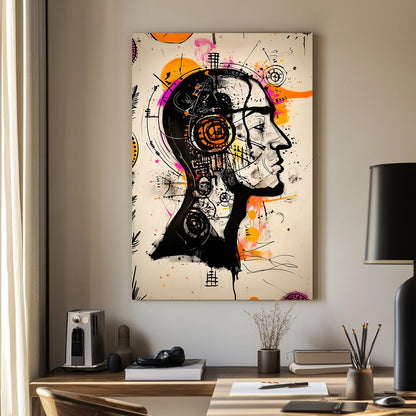 An abstract wall art print of a human face with vibrant orange and magenta accents, black line details, and a mix of geometric patterns.