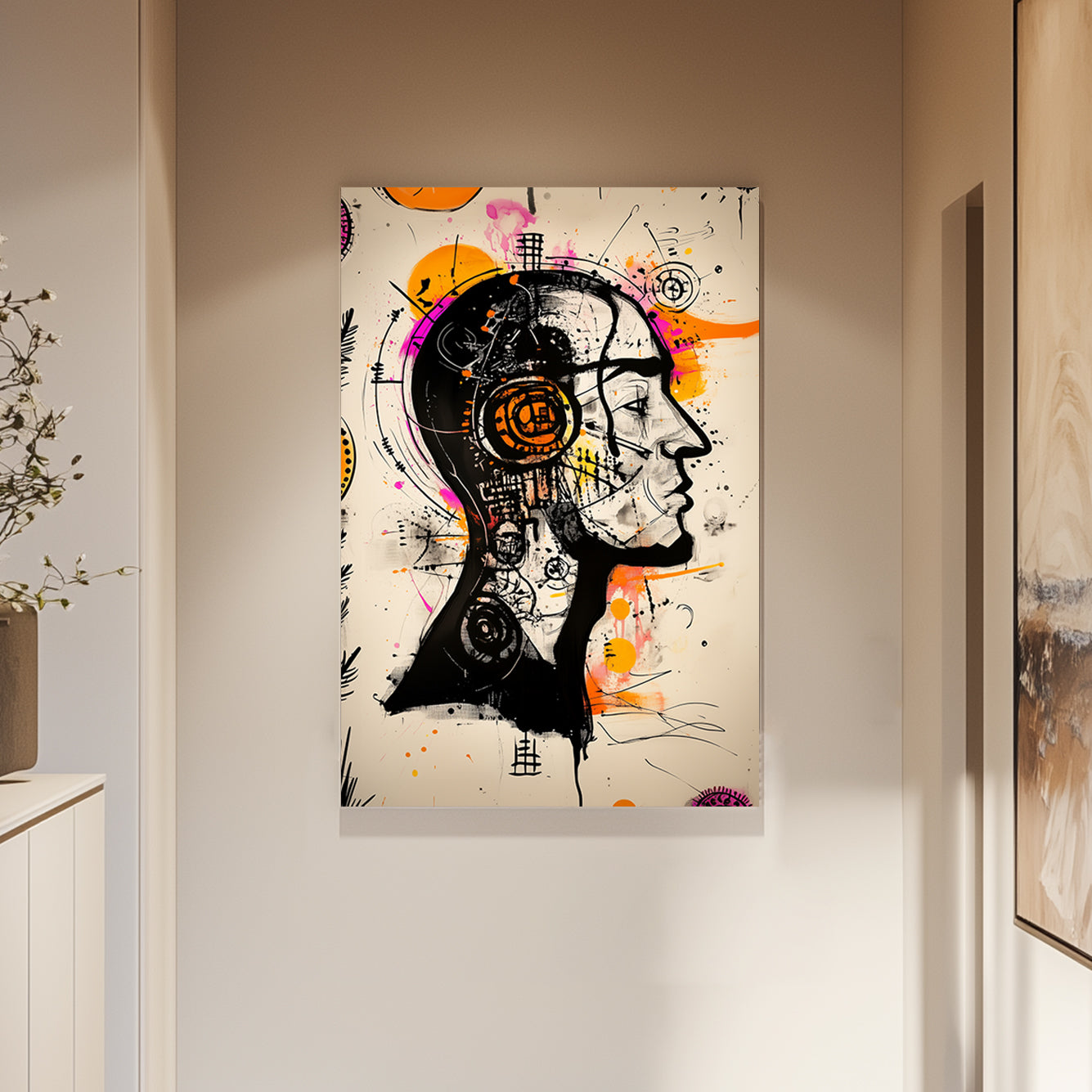 An abstract wall art print of a human face with vibrant orange and magenta accents, black line details, and a mix of geometric patterns.