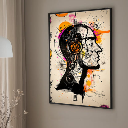 An abstract wall art print of a human face with vibrant orange and magenta accents, black line details, and a mix of geometric patterns.