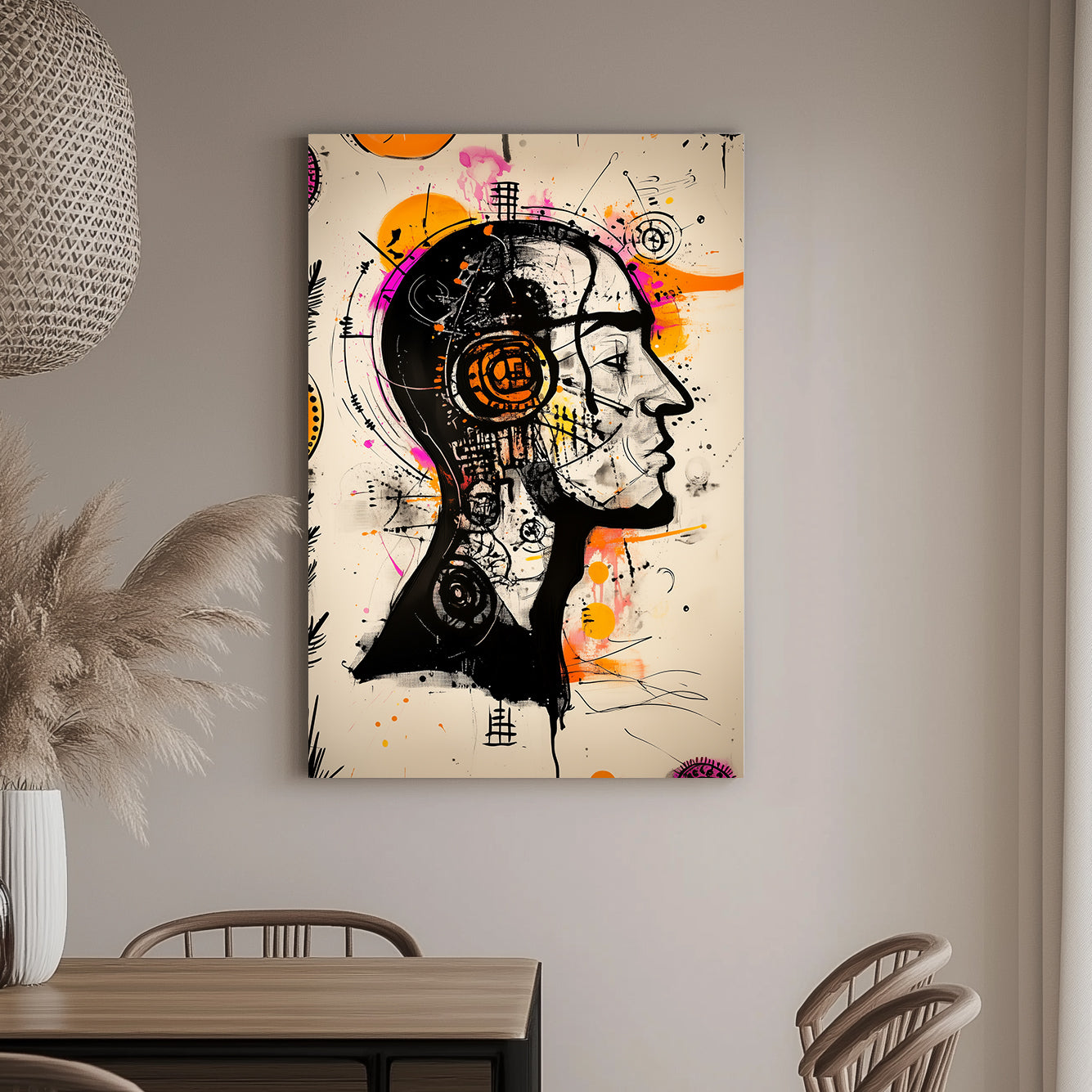 An abstract wall art print of a human face with vibrant orange and magenta accents, black line details, and a mix of geometric patterns.