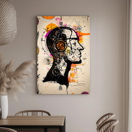 An abstract wall art print of a human face with vibrant orange and magenta accents, black line details, and a mix of geometric patterns.