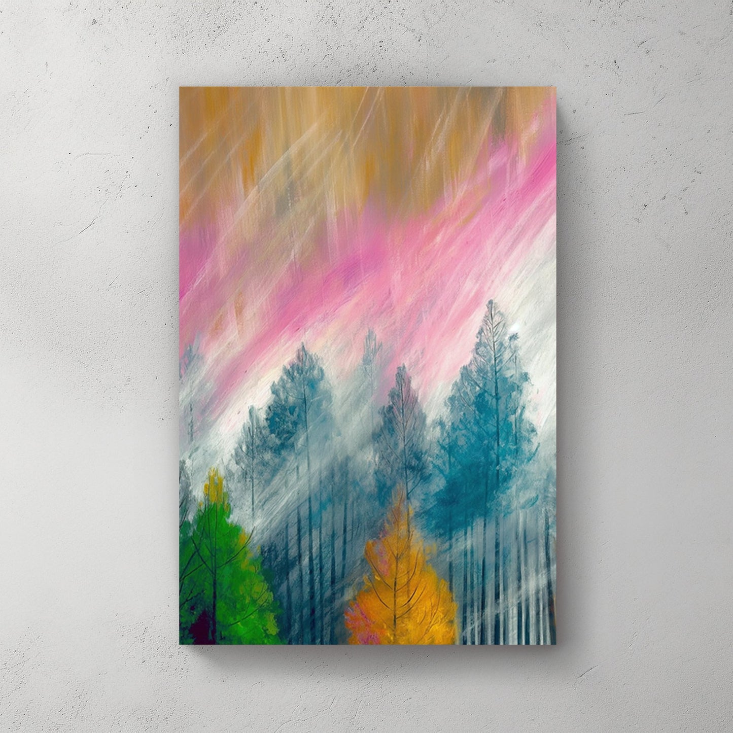 Abstract wall art print of a forest scene with autumn colours, blending soft pink skies, golden leaves, and misty blue treetops.