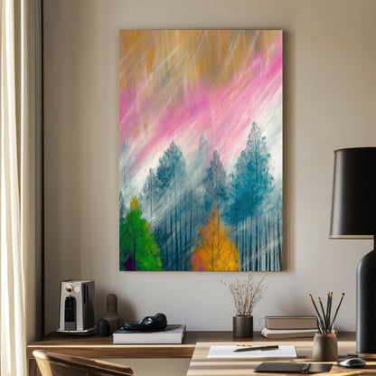 Abstract wall art print of a forest scene with autumn colours, blending soft pink skies, golden leaves, and misty blue treetops.