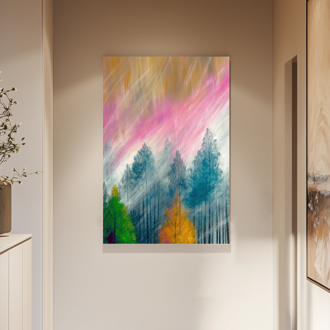 Abstract wall art print of a forest scene with autumn colours, blending soft pink skies, golden leaves, and misty blue treetops.